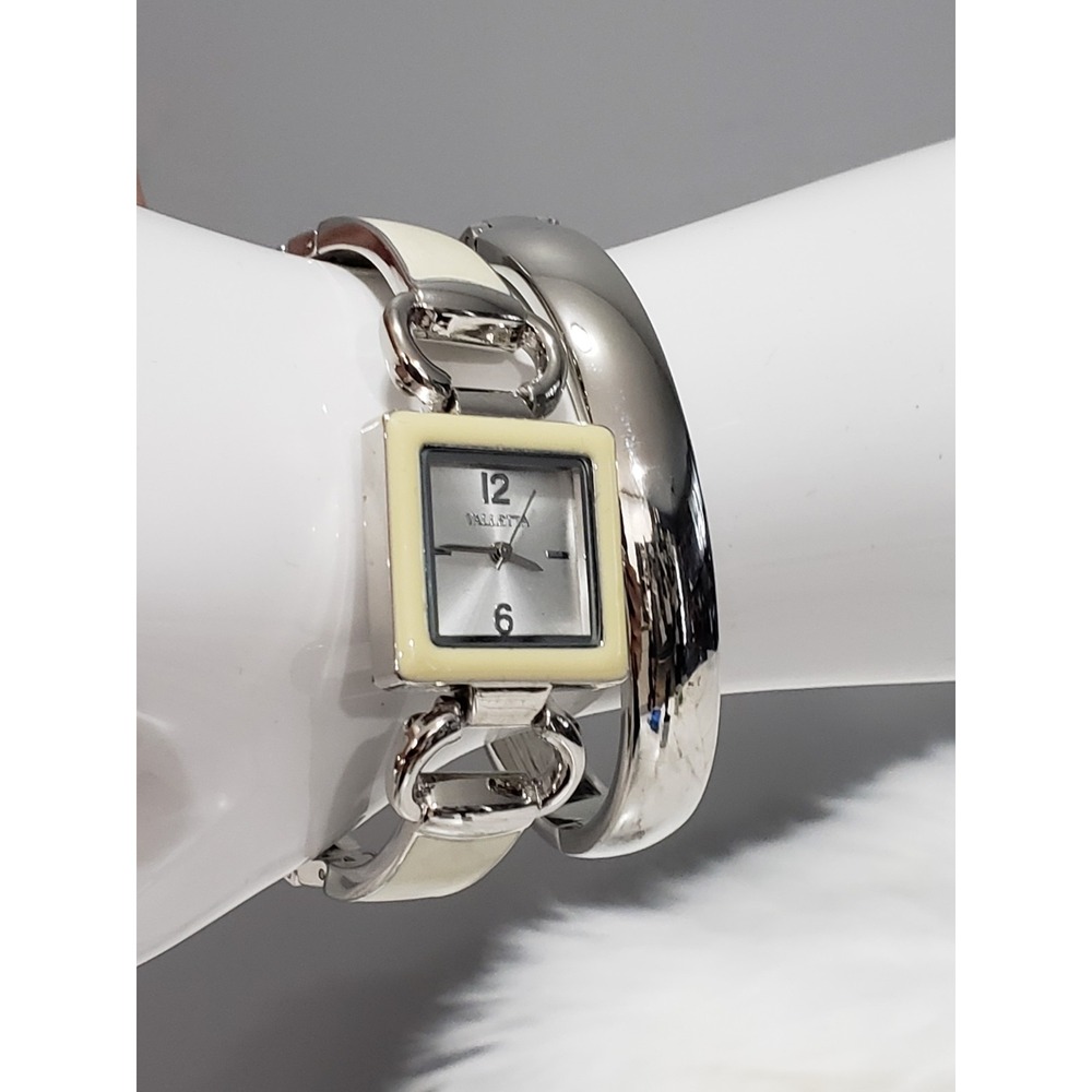Valletta Watch And Bracelet Set bangle silver tone enamel ivory vintage dainty